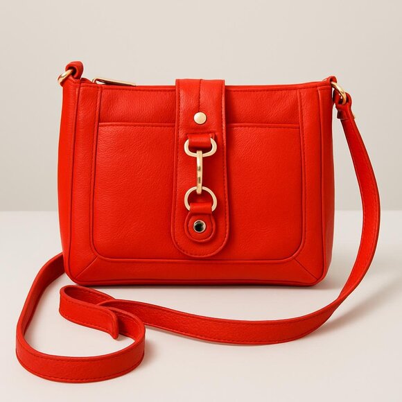 Vibrant Red Faux Leather Crossbody Bag with Buckle Detail – Everyday Shoulder Pu - Picture 1 of 6